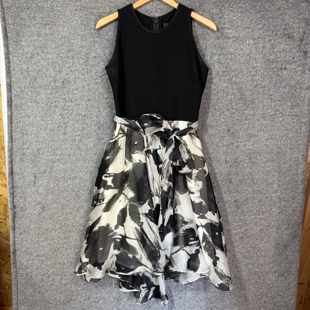 Carmen Marc Valvo Silk Floral High Low Cocktail Dress Black White Size 8
